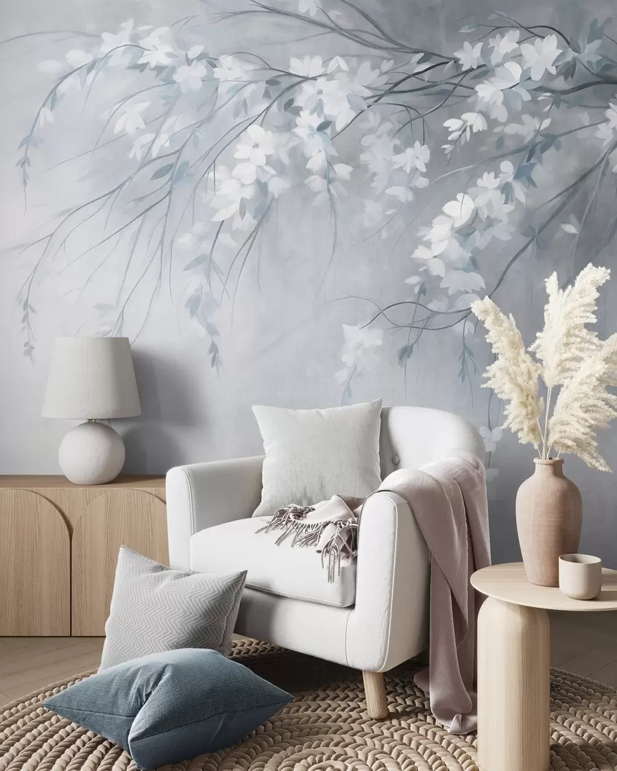 murales de pared Una delicada rama de cerezo con flores blancas y hojas, estilo pictórico w10024v1