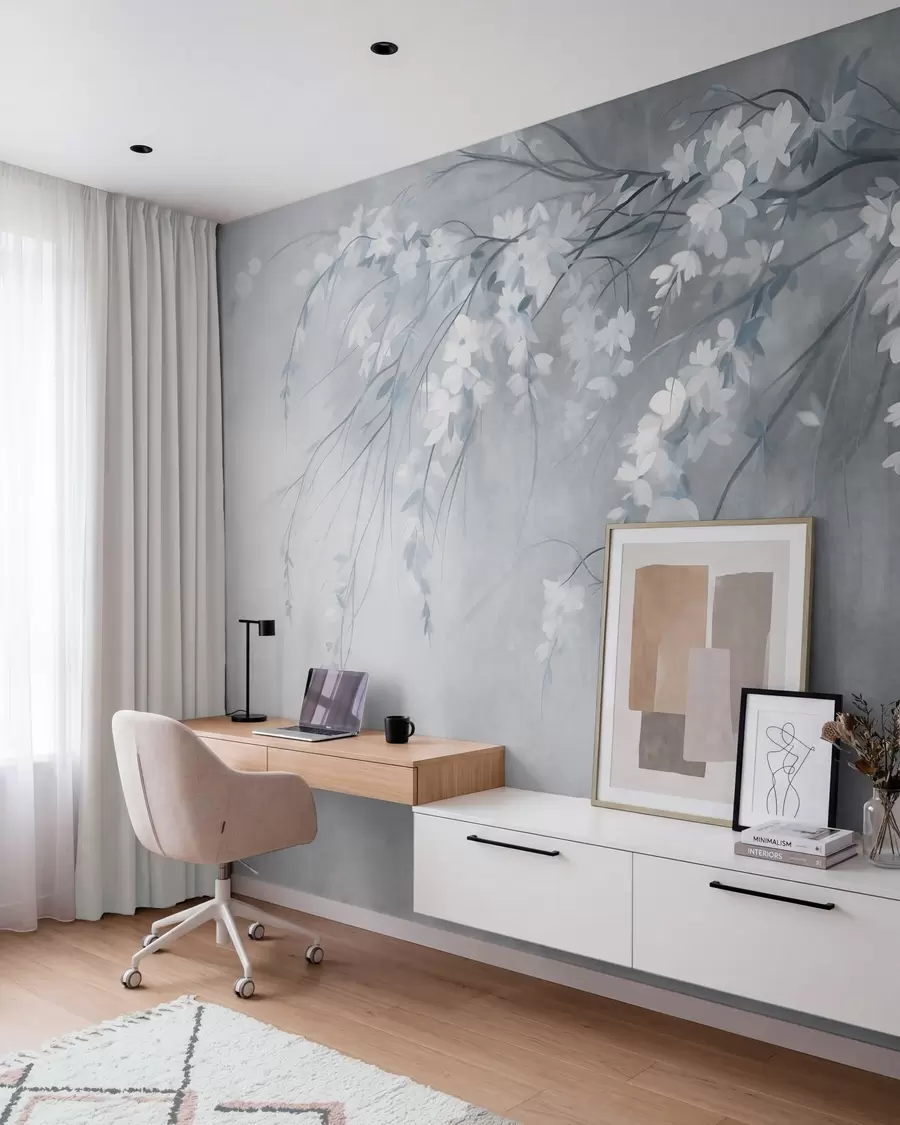 murales de pared Una delicada rama de cerezo con flores blancas y hojas, estilo pictórico w10024v1