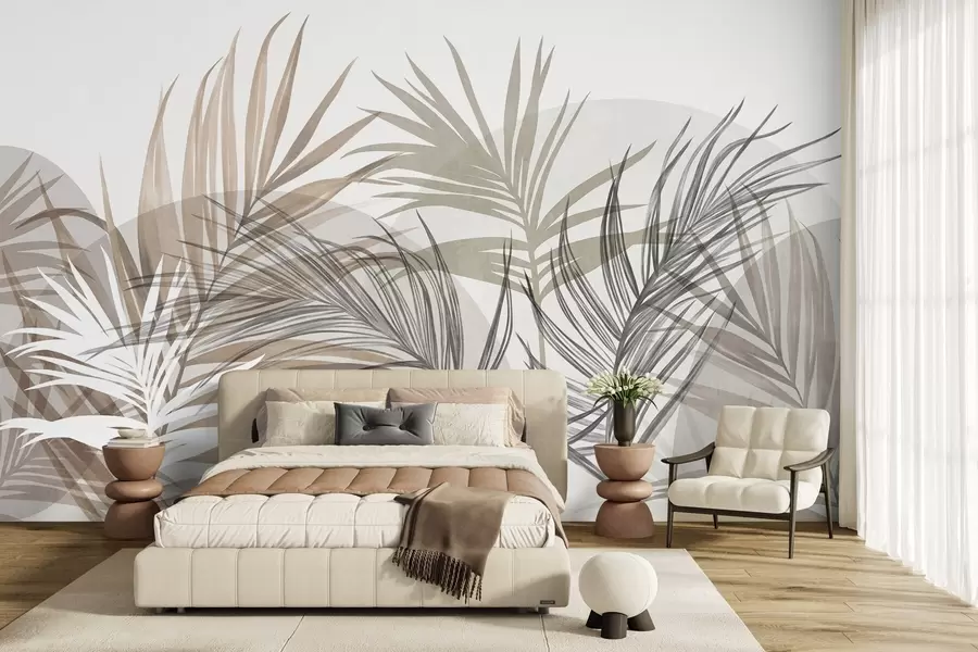 murales de pared Hojas de palmera en tonos neutros de beige, marrón y gris, con formas abstractas w10025