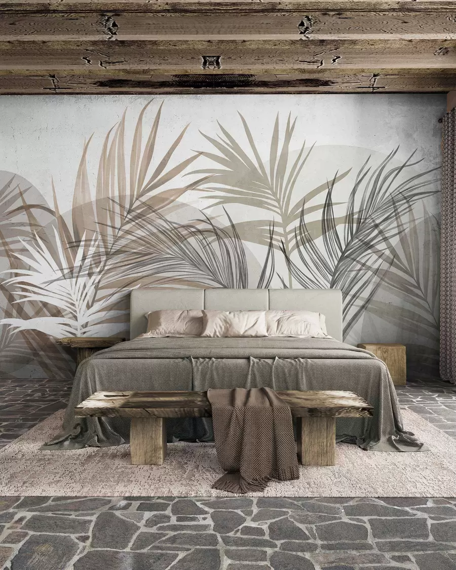 murales de pared Hojas de palmera en tonos neutros de beige, marrón y gris, con formas abstractas w10025