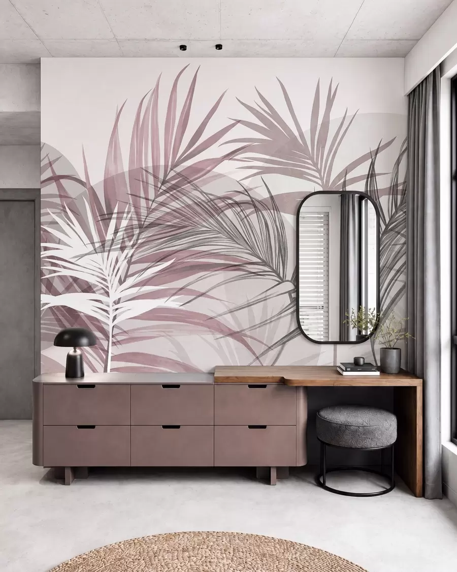 murales de pared Hojas de palmera en tonos neutros de rosa y gris, con formas abstractas w10025v1