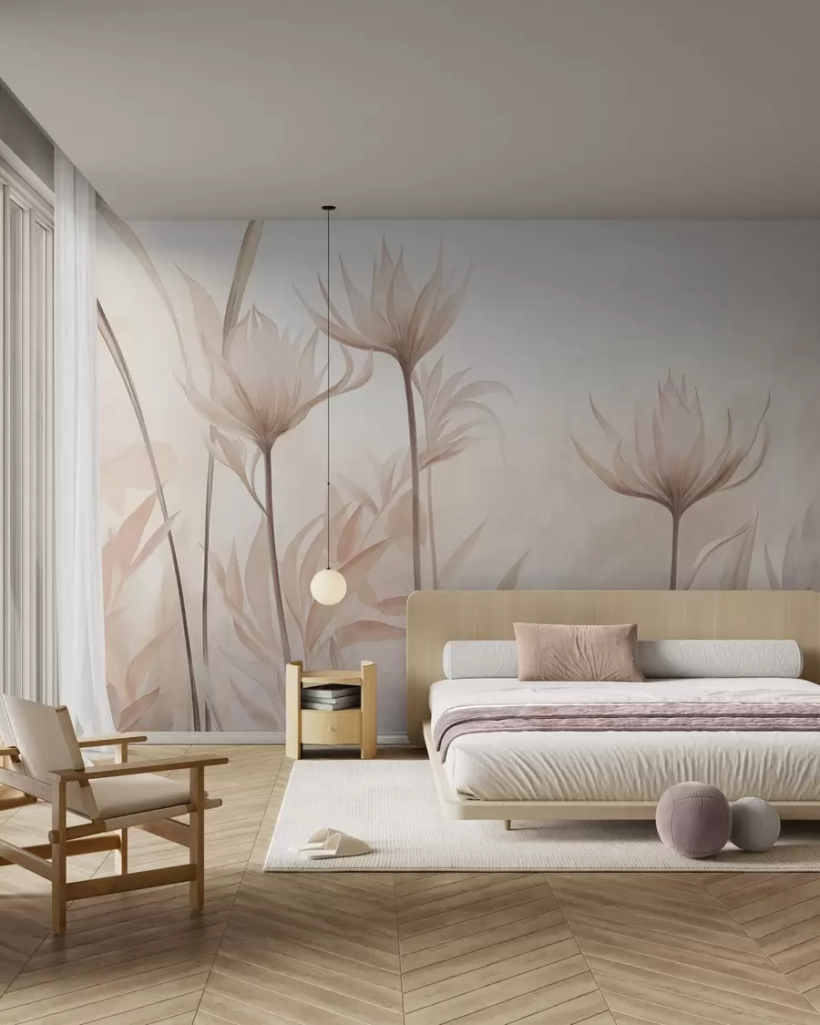 murales de pared Flores translúcidas con textura, en suaves tonos melocotón y beige, con tallos largos y follaje w10028
