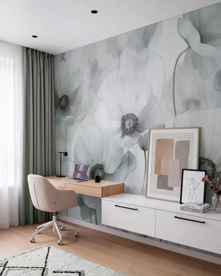 murales de pared Amapolas de colores apagados y textura marcada, con centros oscuros, delicados pétalos translúcidos y un fondo suave w10029v2