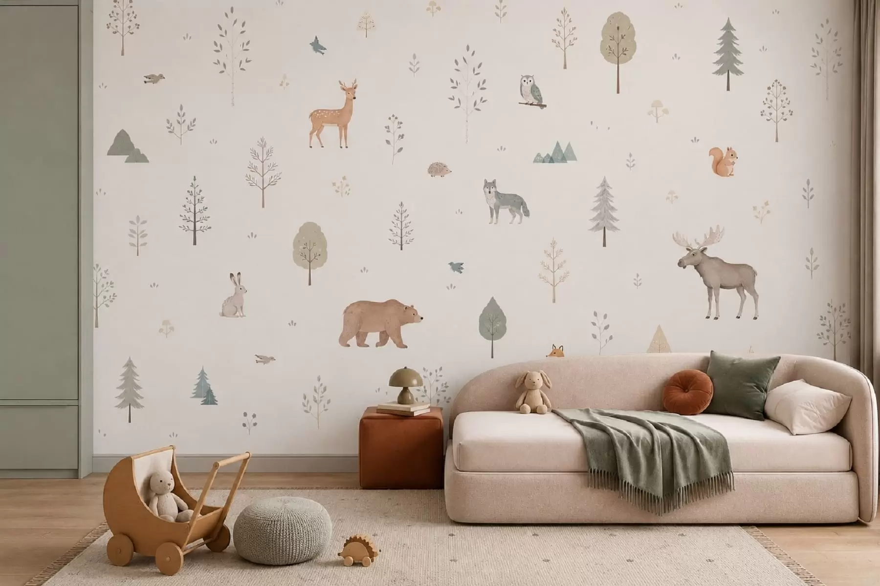 murales de pared Animales del bosque y árboles sobre un fondo claro w05864