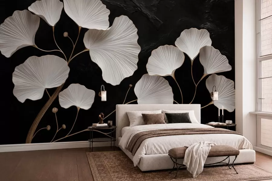 murales de pared Hojas blancas en forma de abanico sobre un fondo negro w05860