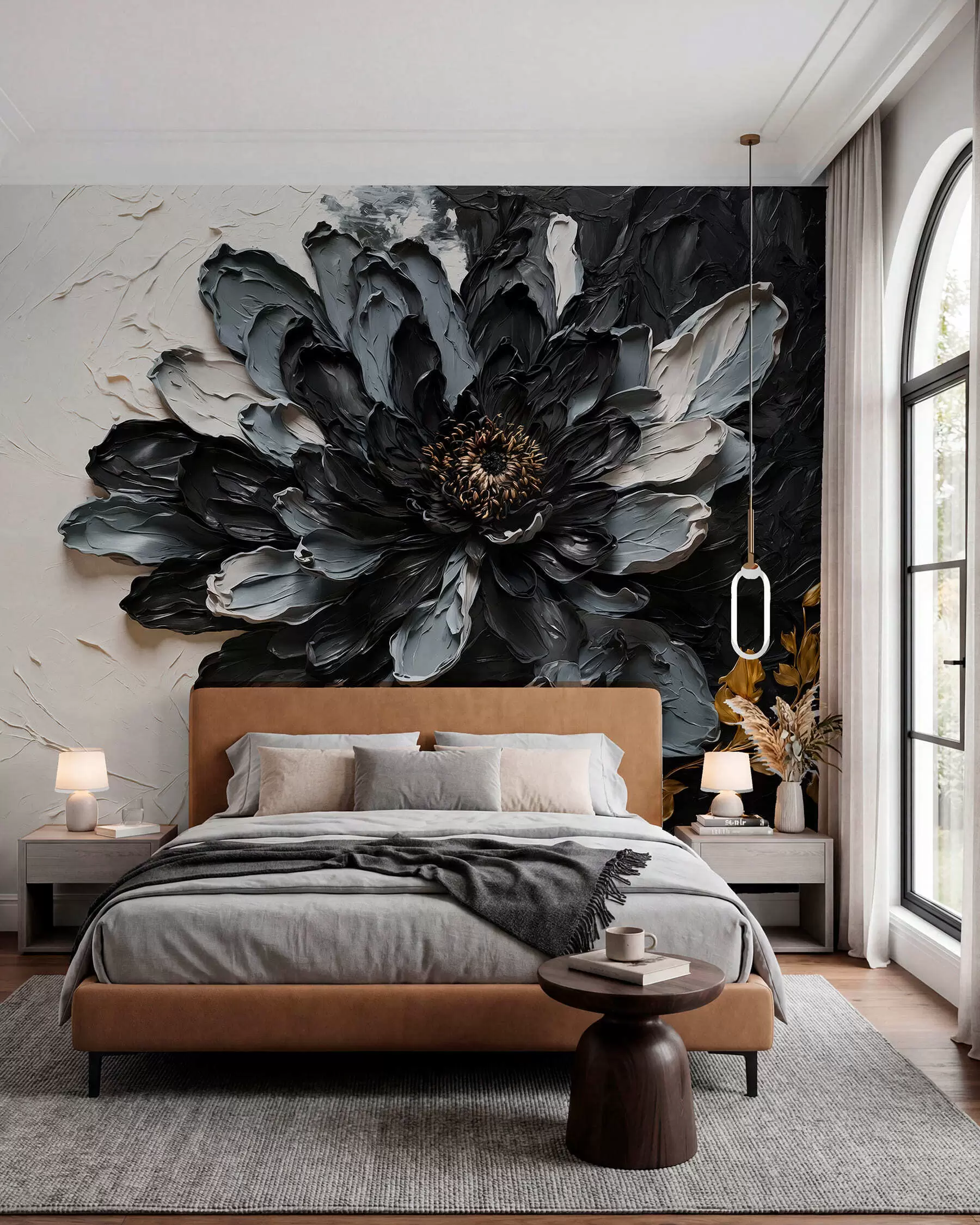 murales de pared Flor con textura en negro y gris con ramas decorativas w05883