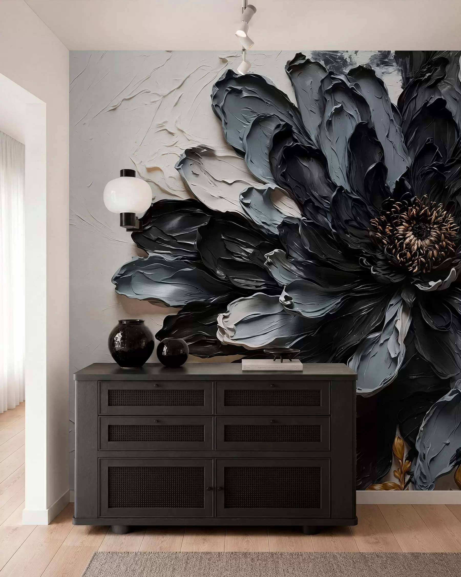 murales de pared Flor con textura en negro y gris con ramas decorativas w05883
