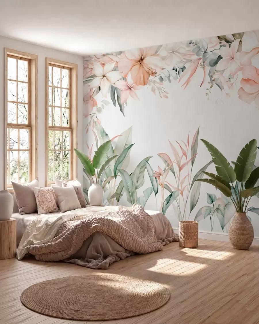 murales de pared Una composición tropical de flores y plantas en estilo acuarela, en tonos delicados w05870