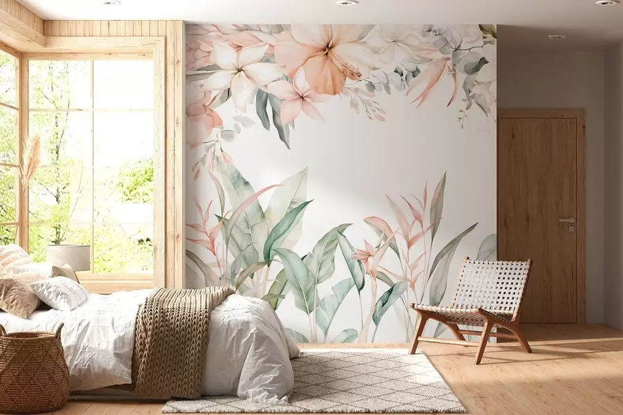 murales de pared Una composición tropical de flores y plantas en estilo acuarela, en tonos delicados w05870