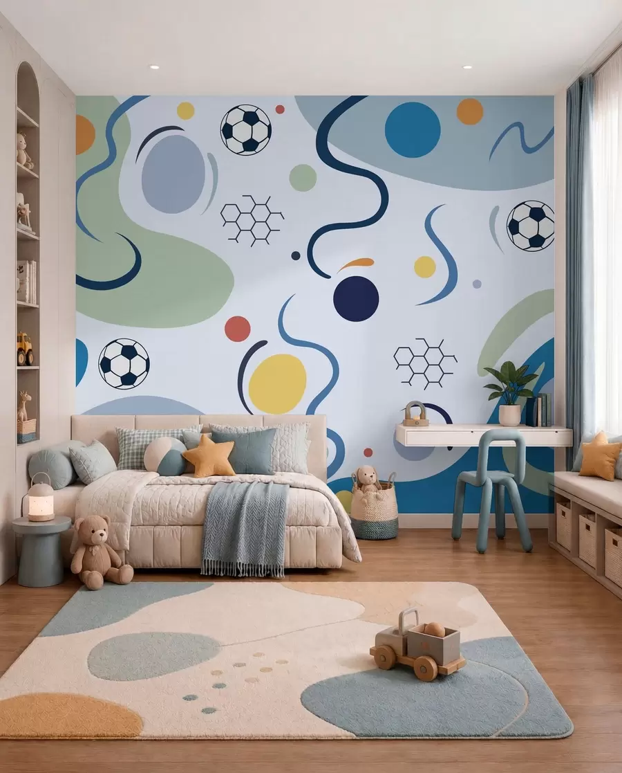 murales de pared Formas abstractas de colores, balones de fútbol y líneas w05142v1