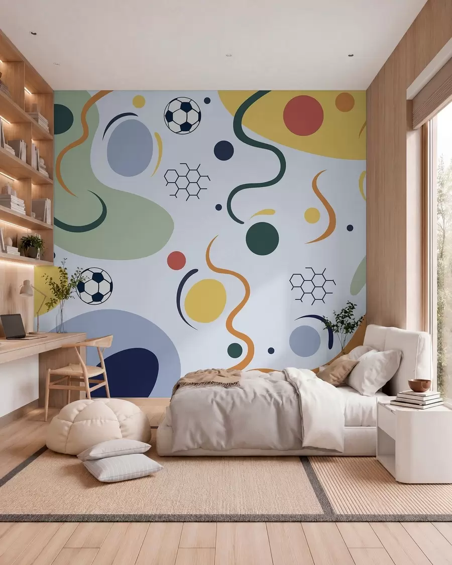 murales de pared Formas abstractas, balones de fútbol, líneas y círculos w05142v2
