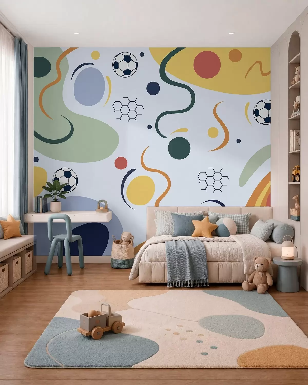murales de pared Formas abstractas, balones de fútbol, líneas y círculos w05142v2