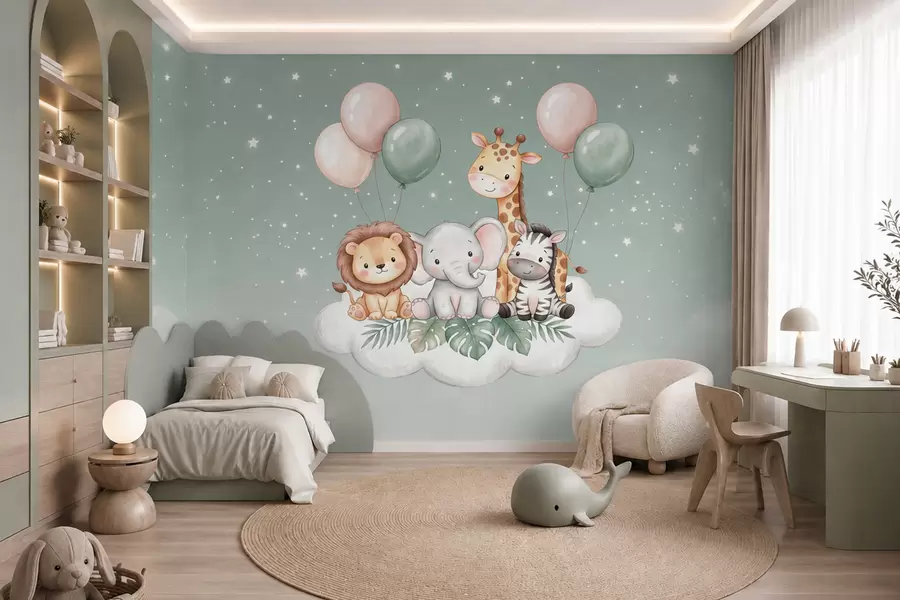 murales de pared Animales de safari muy simpáticos sobre nubes mullidas en suaves tonos pastel, en estilo acuarela w10004