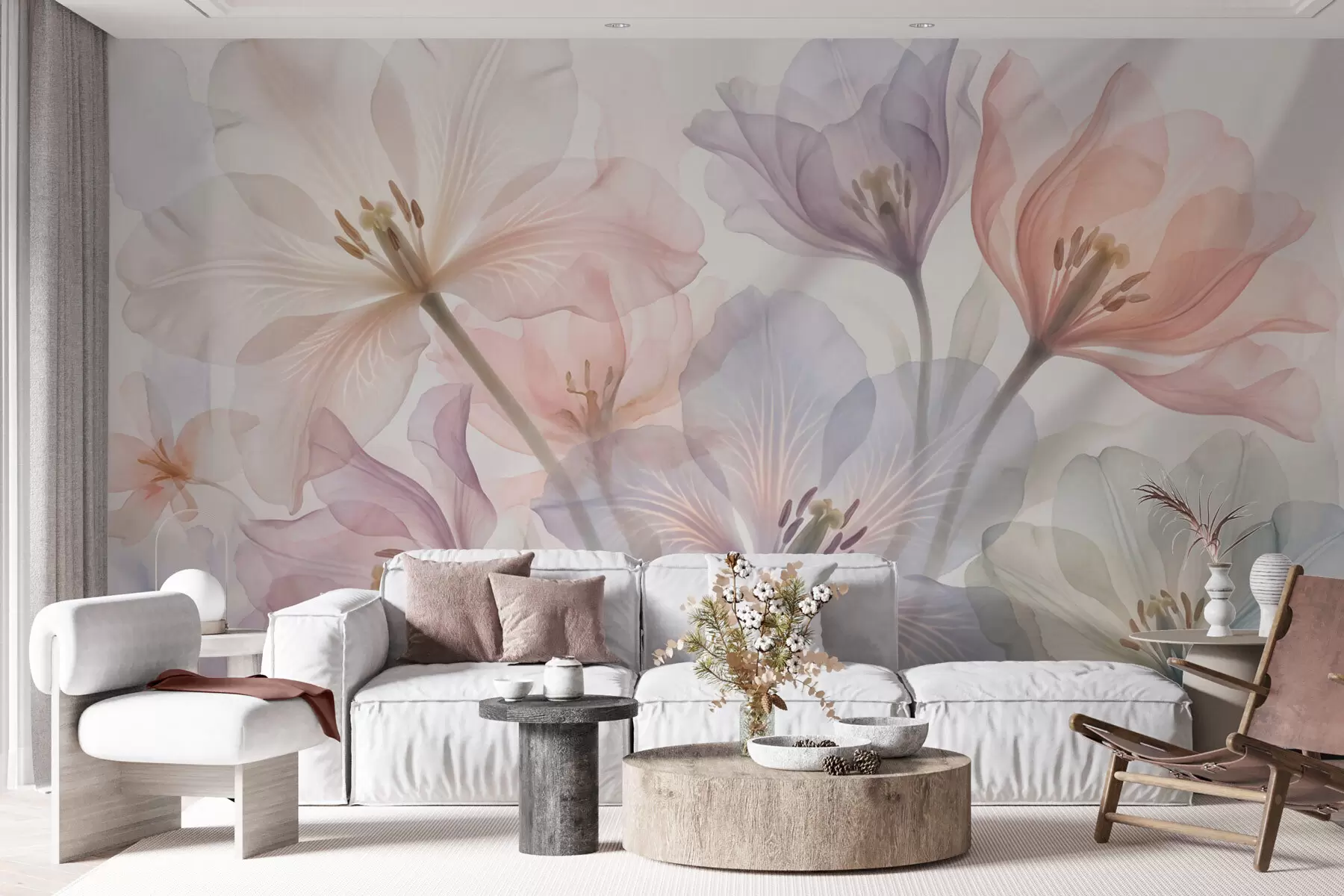 murales de pared Delicadas flores transparentes en tonos pastel, al estilo de la acuarela w09999