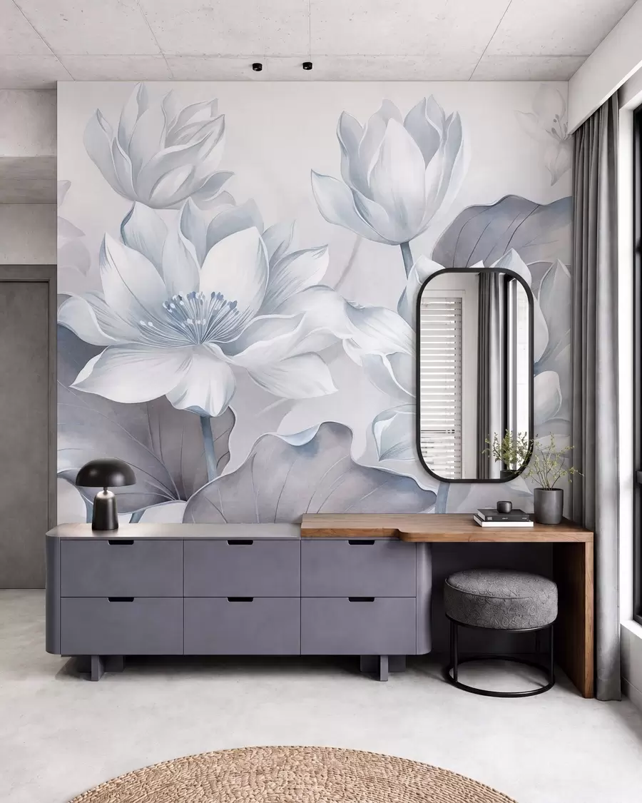 murales de pared Flores de loto con textura y pétalos delicados, y hojas grandes de un azul apagado w10027v1