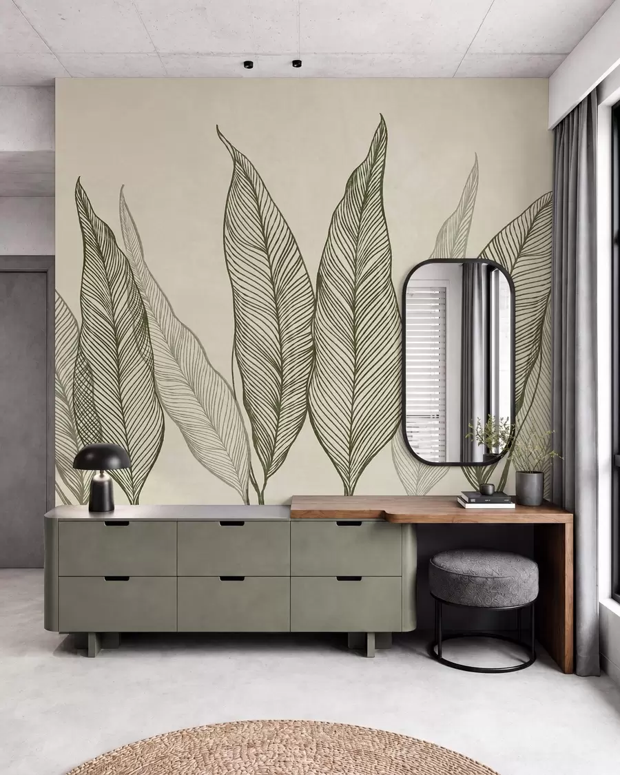 murales de pared Hojas verdes estilizadas con detalles de líneas intrincadas sobre un fondo beige; ilustración con textura w10030