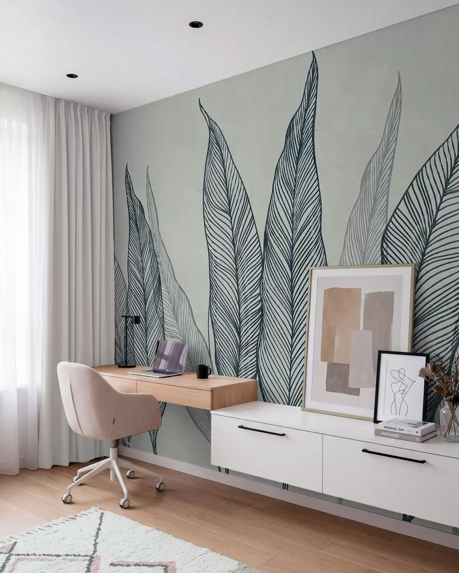 murales de pared Hojas azules estilizadas con detalles de líneas intrincadas sobre un fondo gris, diseño con textura w10030v3