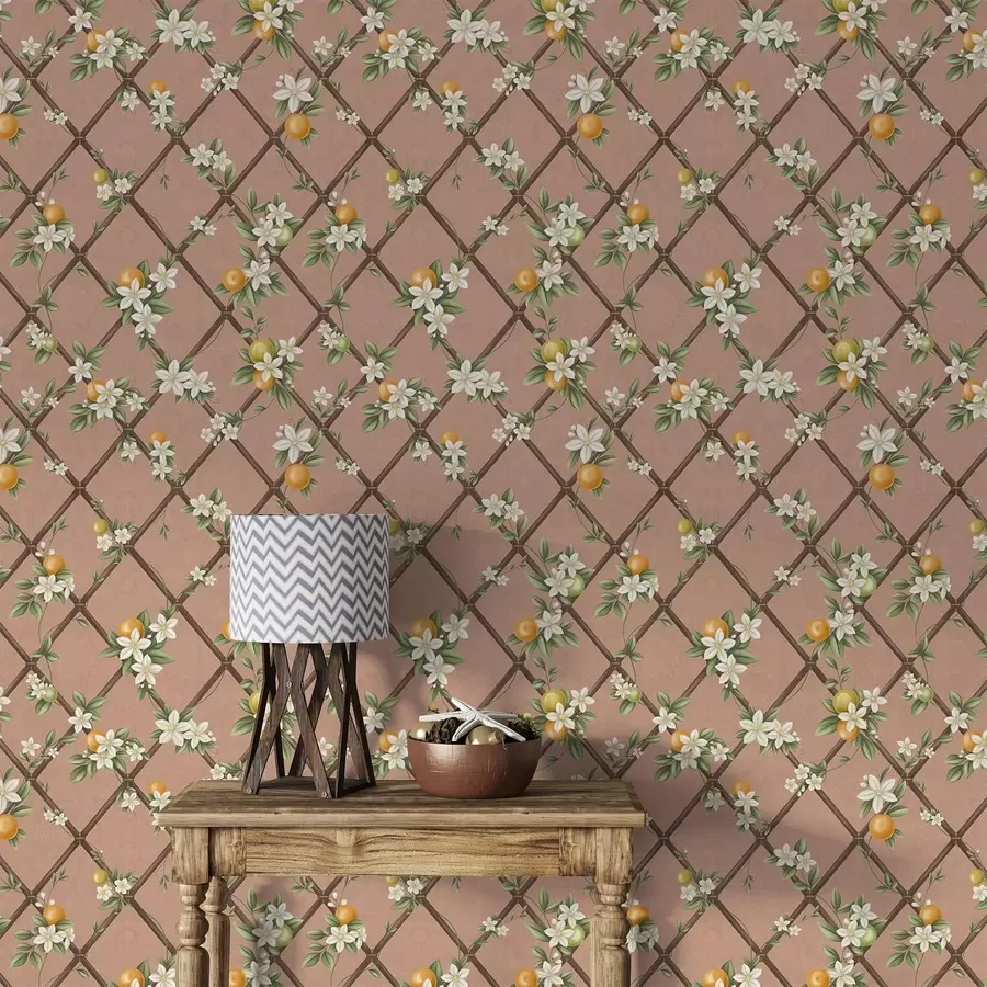 murales de pared Flores y cítricos sobre un fondo rosa con un enrejado a01261v1