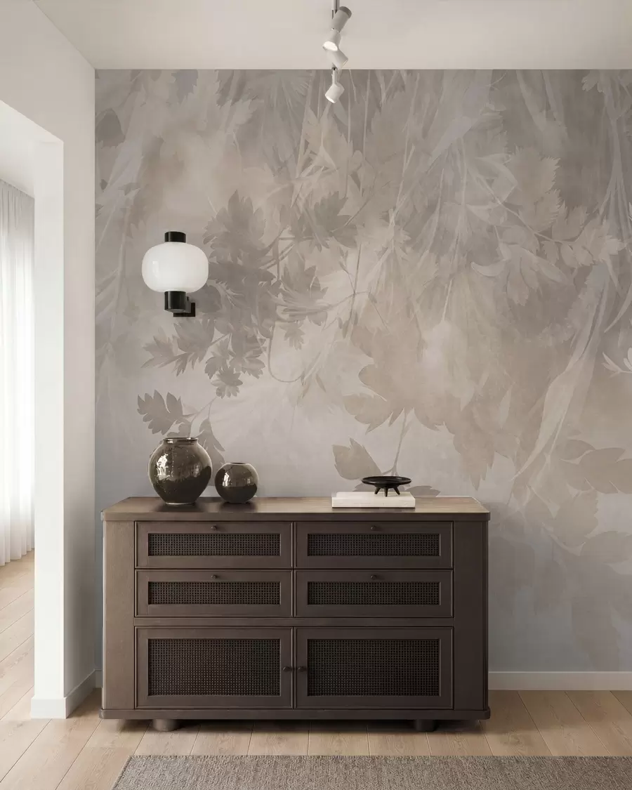 murales de pared Hojas y ramas con textura sobre un fondo beige suave y apagado w10020