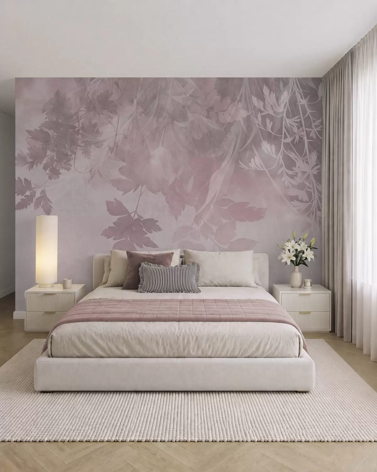 murales de pared Hojas y ramas con textura sobre un fondo rosa suave y apagado w10020v1