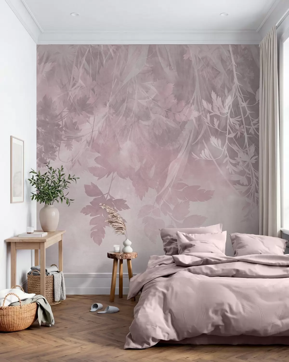 murales de pared Hojas y ramas con textura sobre un fondo rosa suave y apagado w10020v1