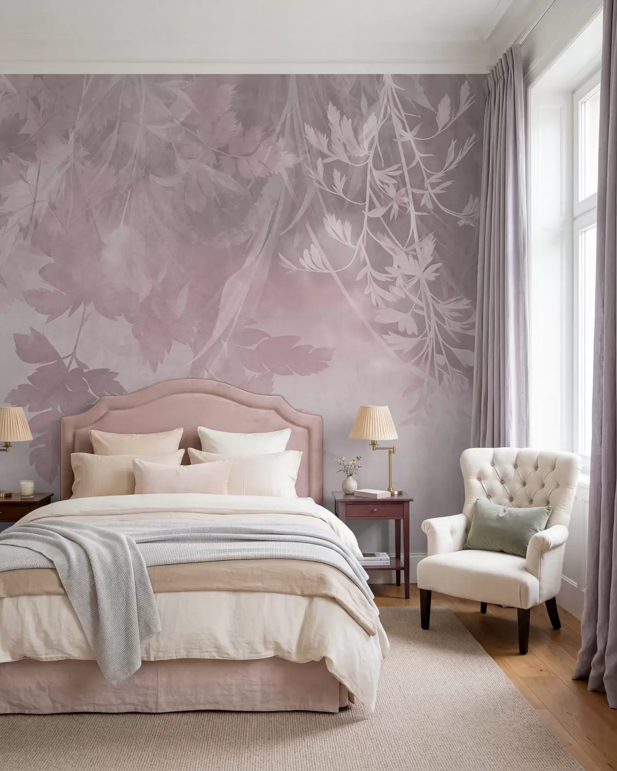 murales de pared Hojas y ramas con textura sobre un fondo rosa suave y apagado w10020v1