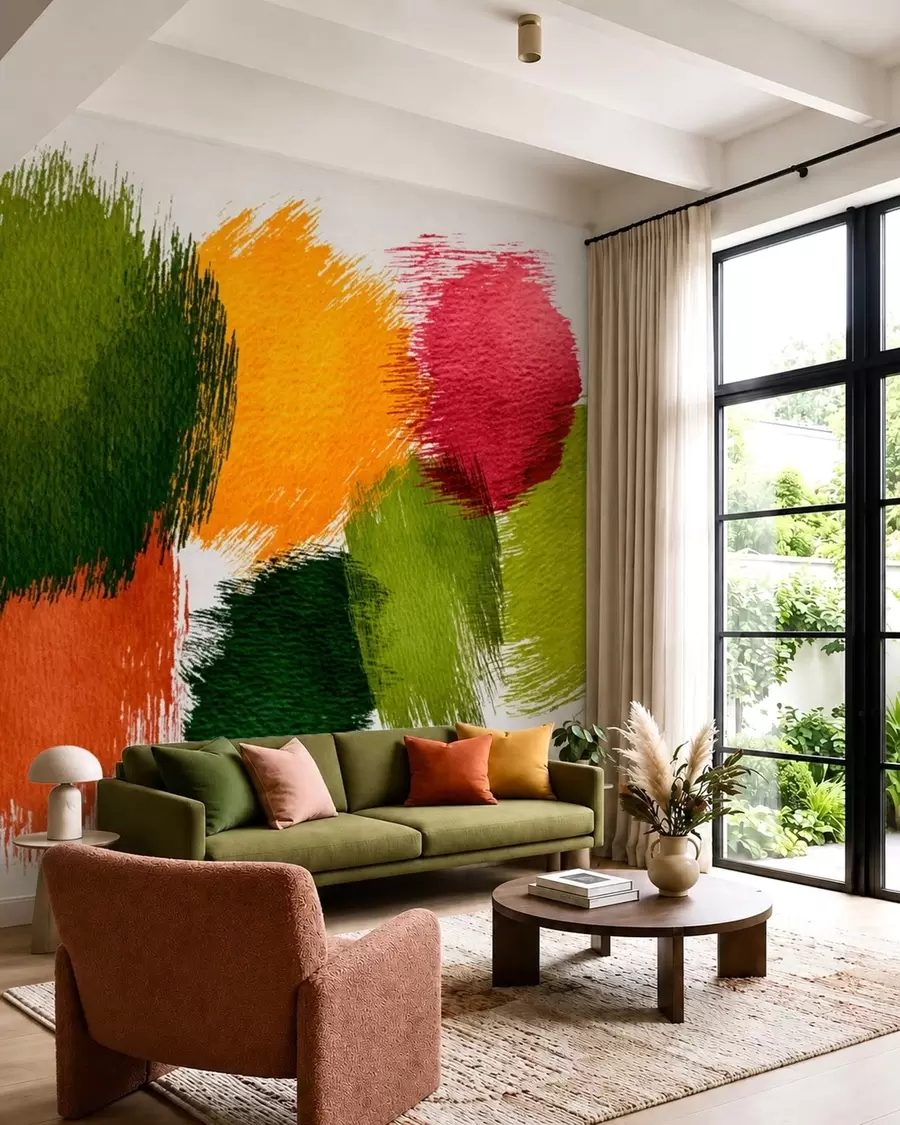 murales de pared Trazos abstractos en verde, naranja y rosa w05859