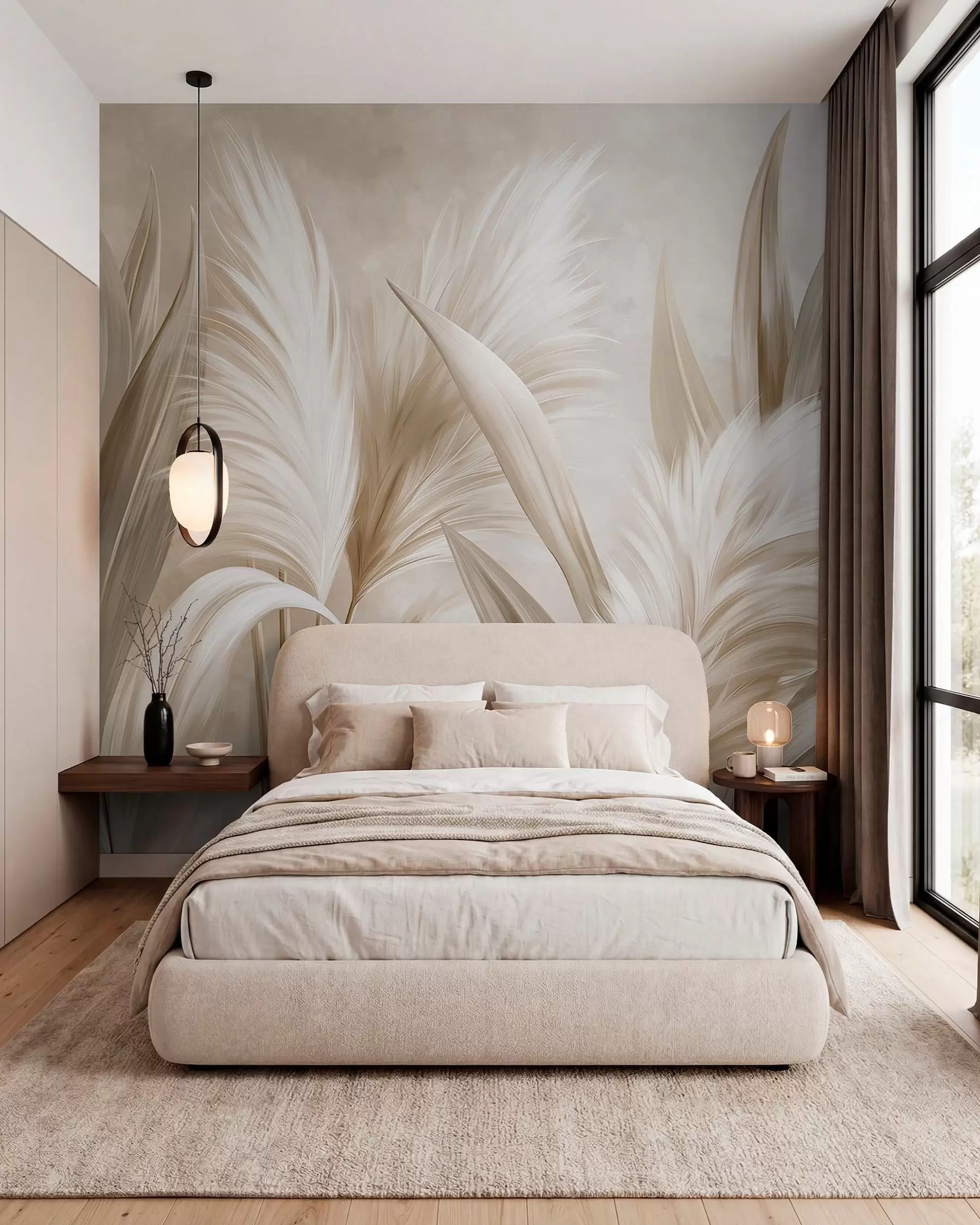 murales de pared Hojas decorativas de color pálido y flores plumosas w05863