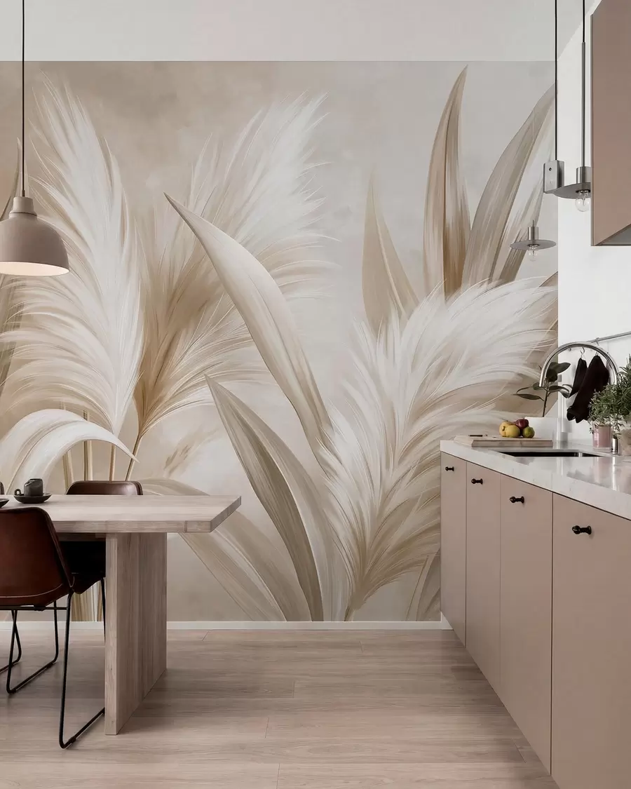 murales de pared Hojas decorativas de color pálido y flores plumosas w05863