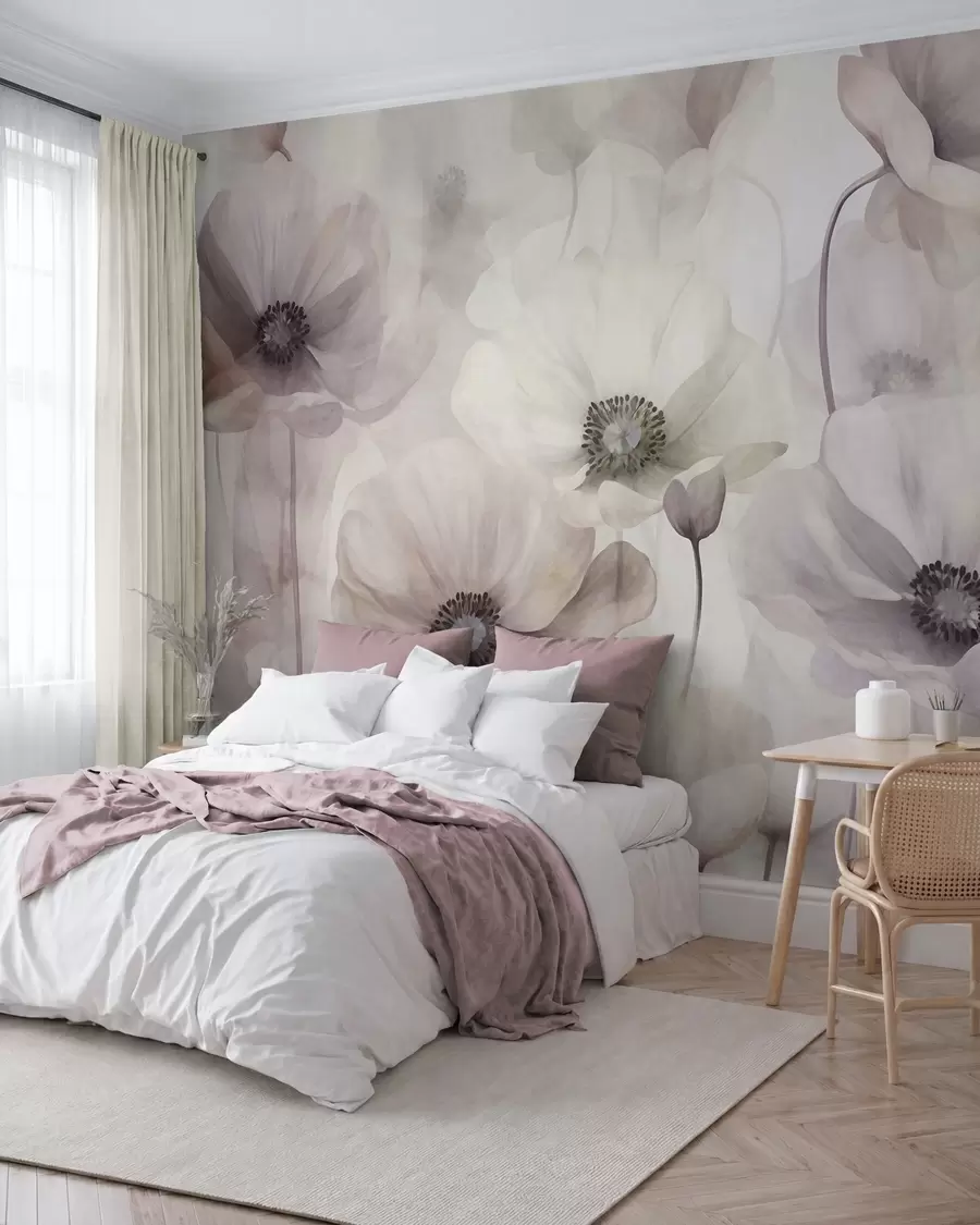 murales de pared Amapolas de color rosa pálido y beige con pétalos delicados w10029