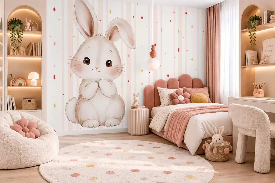 murales de pared Un conejito muy mono sobre un fondo de rayas rosas y estrellas de colores w05920