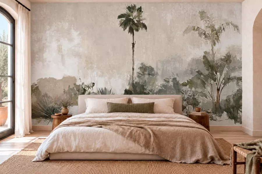 murales de pared Palmeras y vegetación tropical en tonos suaves w05921