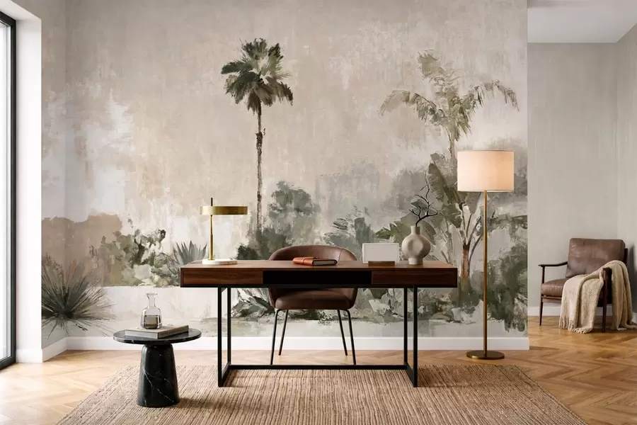 murales de pared Palmeras y vegetación tropical en tonos suaves w05921