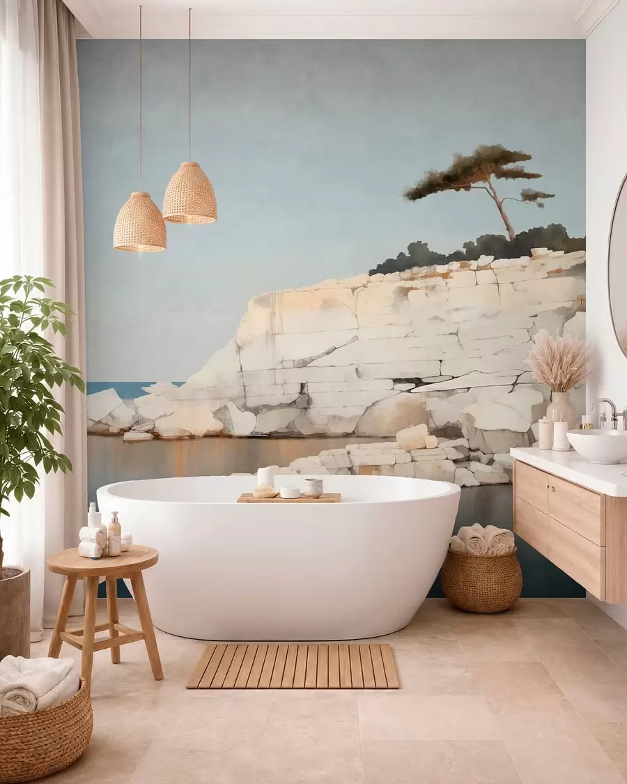 murales de pared Acantilados pálidos junto a un mar en calma, con un árbol solitario w05922