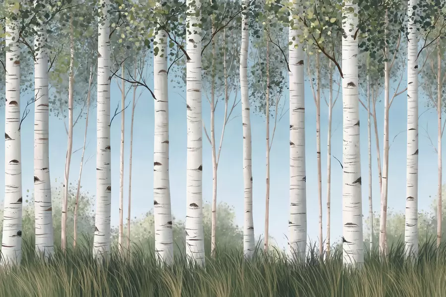 murales de pared Bosquecillo de abedules con troncos blancos recortados contra un cielo azul, al estilo de la acuarela w10047