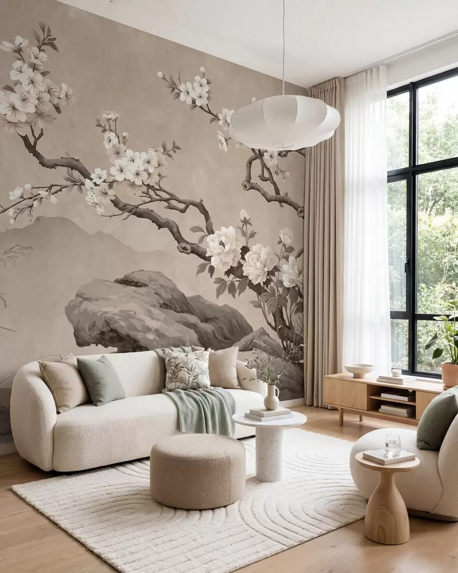 murales de pared Rama de cerezo en flor sobre rocas en tonos beige claro, al estilo de la pintura oriental w10052