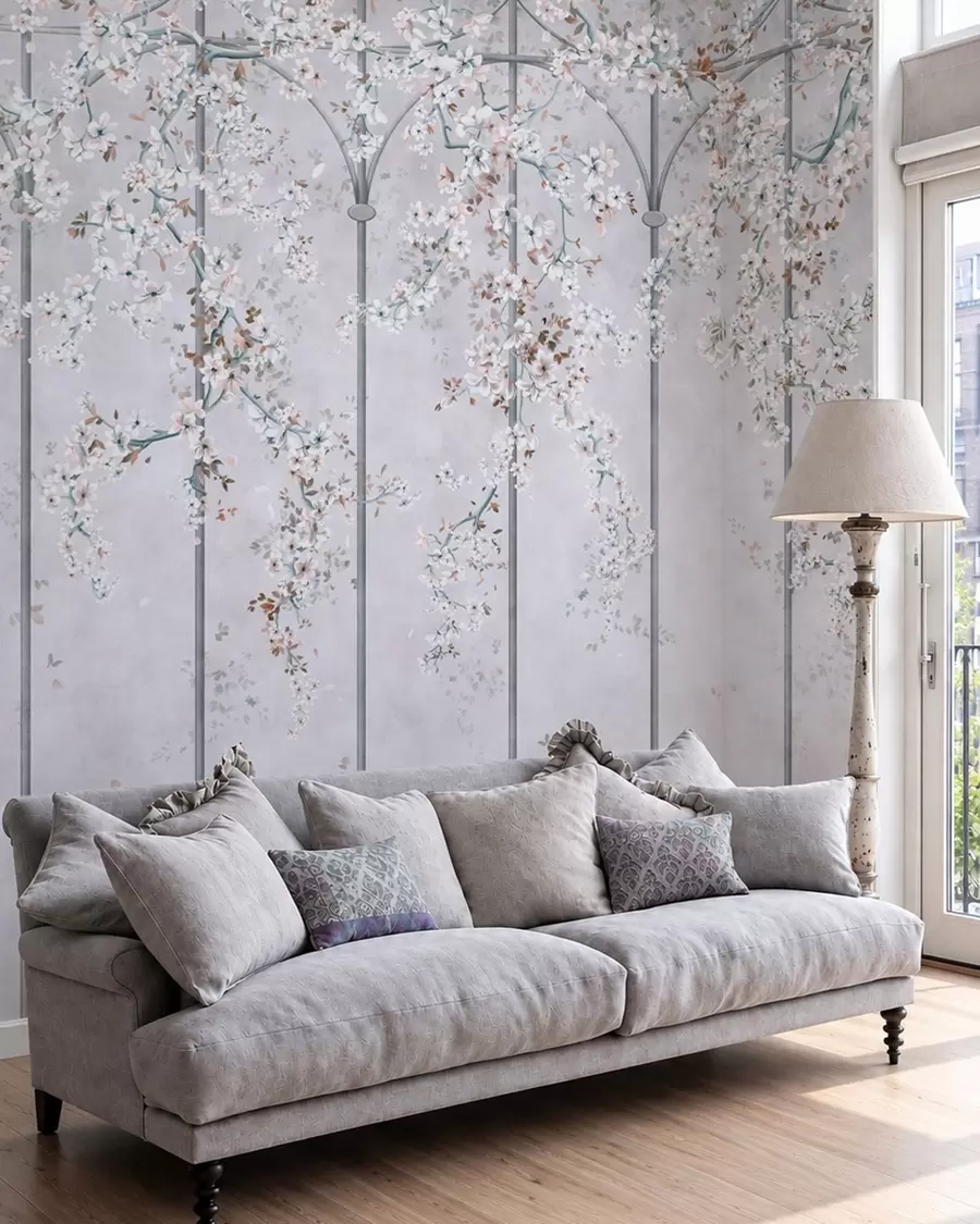 murales de pared Ramas con flores blancas sobre un enrejado decorativo azul y gris w05923v1