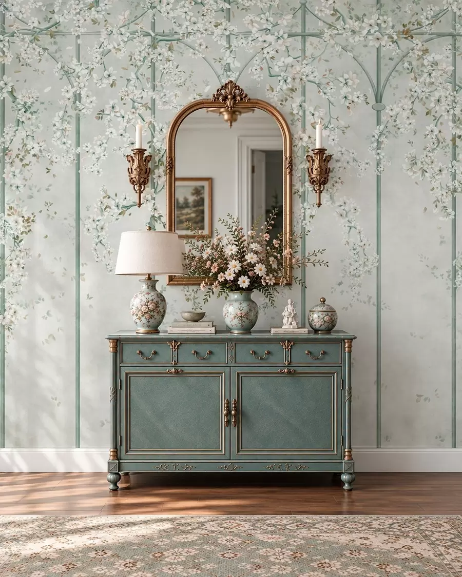 murales de pared Ramas con flores blancas sobre un enrejado decorativo verde w05923v2