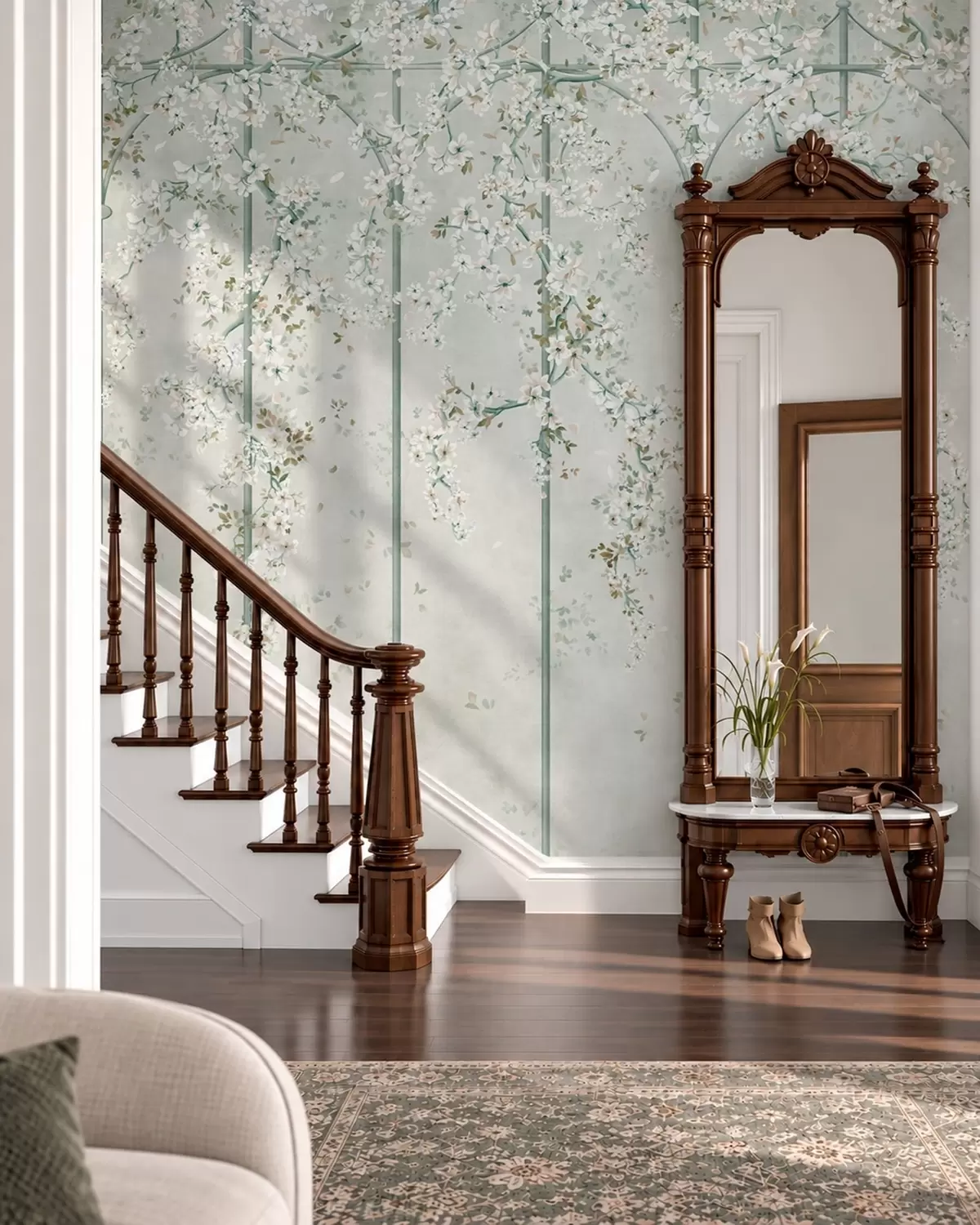 murales de pared Ramas con flores blancas sobre un enrejado decorativo verde w05923v2
