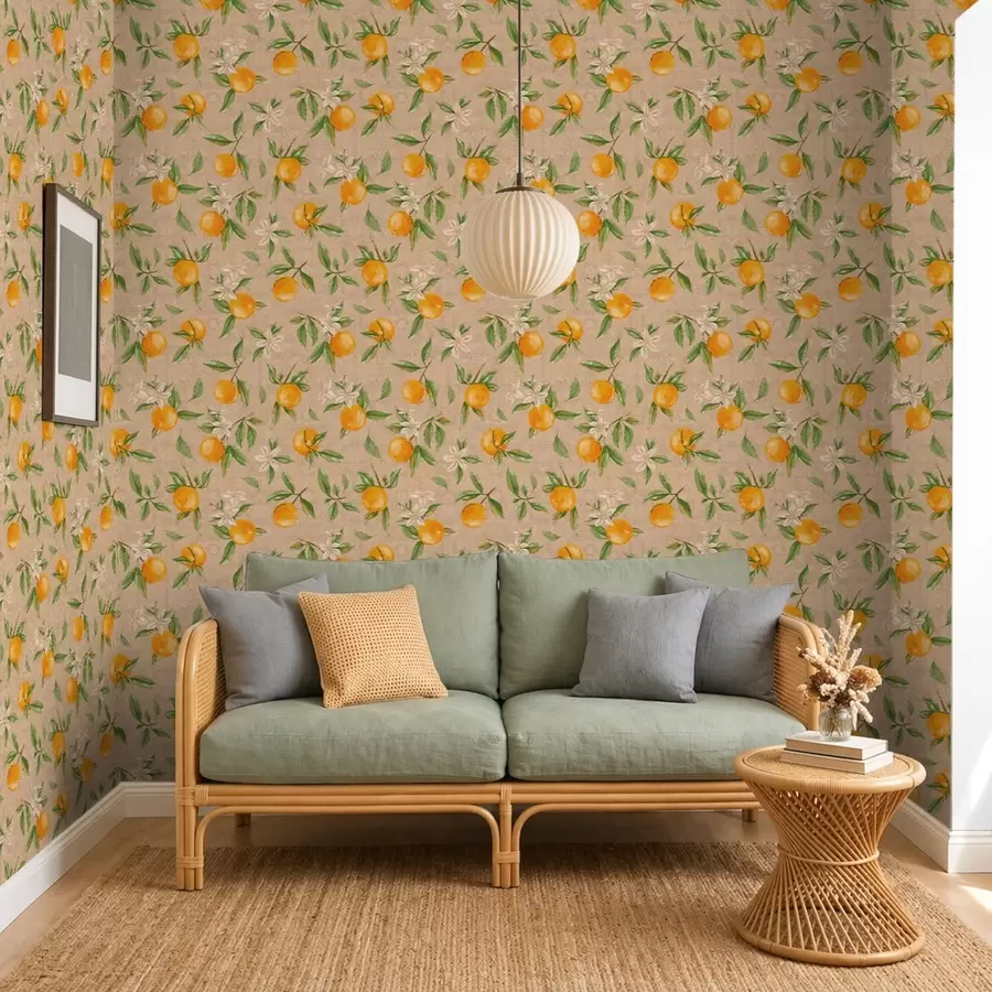 murales de pared Naranjas, hojas verdes y flores blancas a01264