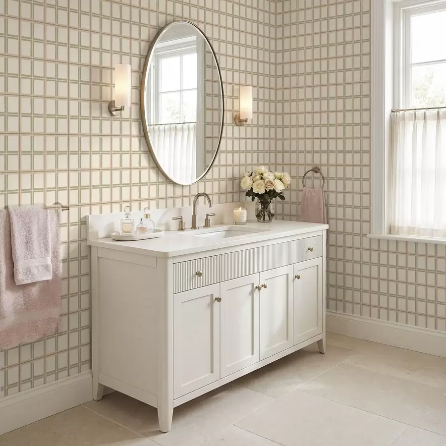 murales de pared Diseño de cuadros ligeros con líneas en tonos beige y verde apagado a01267