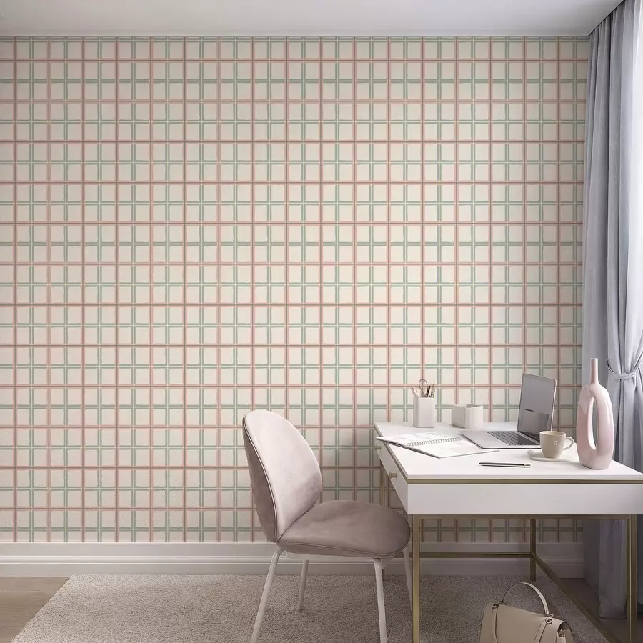 murales de pared Estampado a cuadros con líneas rosas, azules y amarillas a01267v1