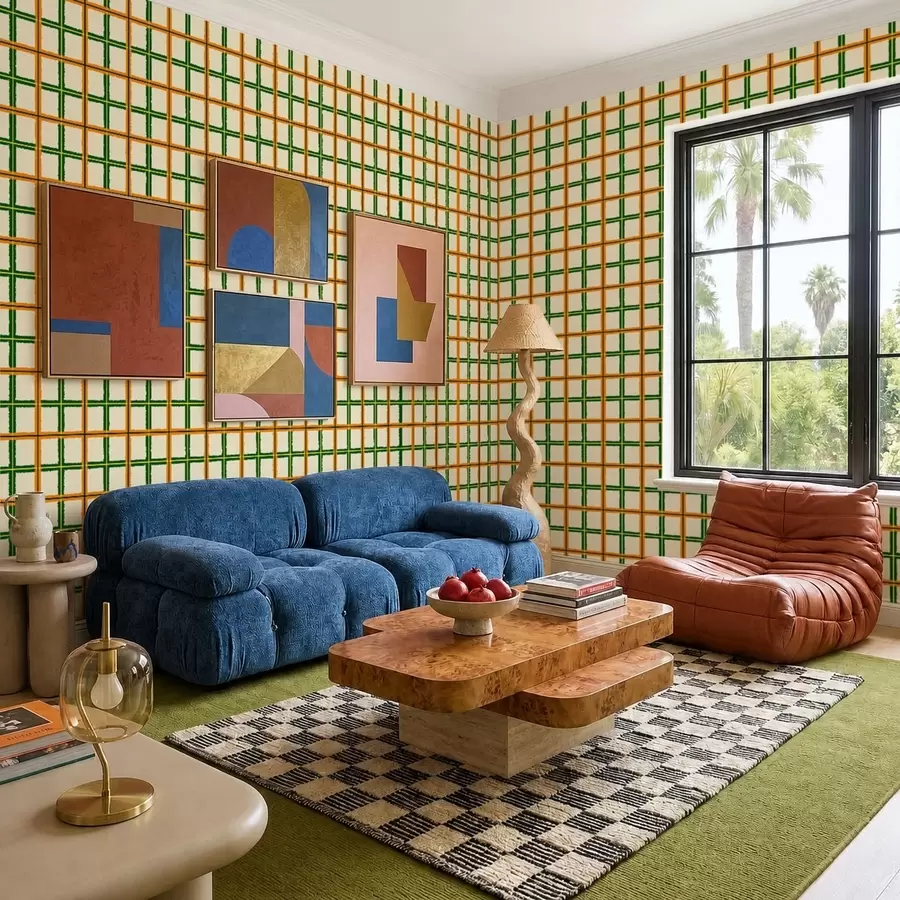 murales de pared Estampado de cuadros llamativos con líneas naranjas y verdes a01267v3