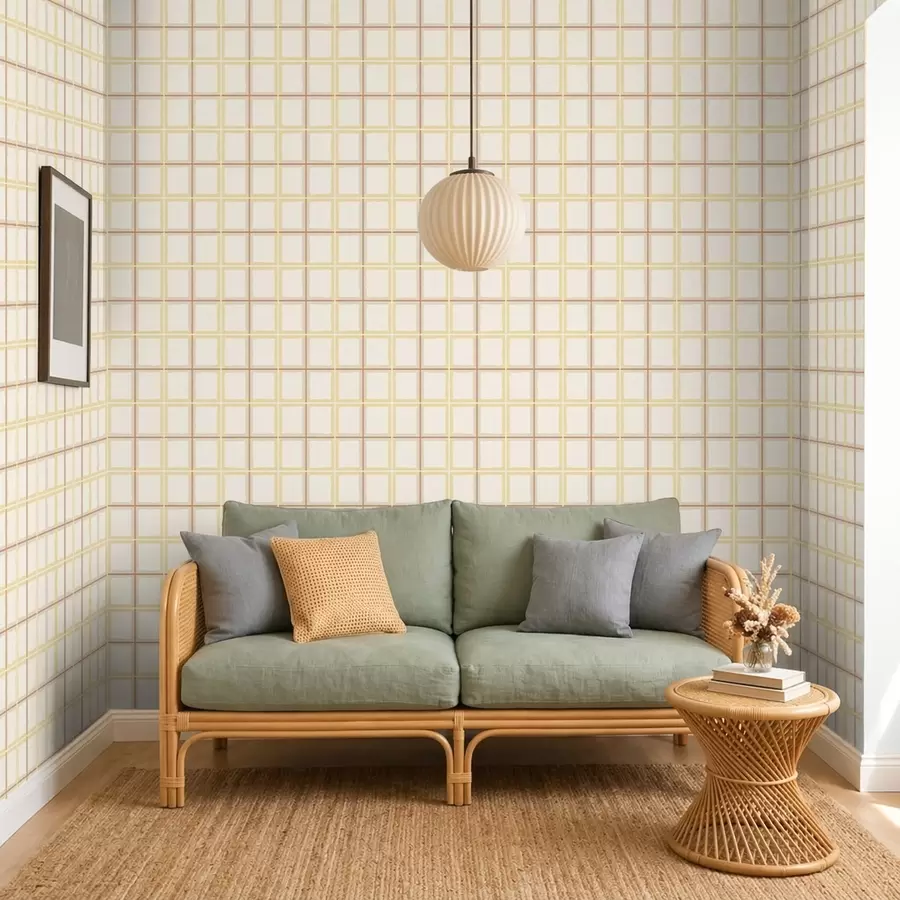 murales de pared Diseño de cuadros claros con líneas amarillas y beige a01267v5