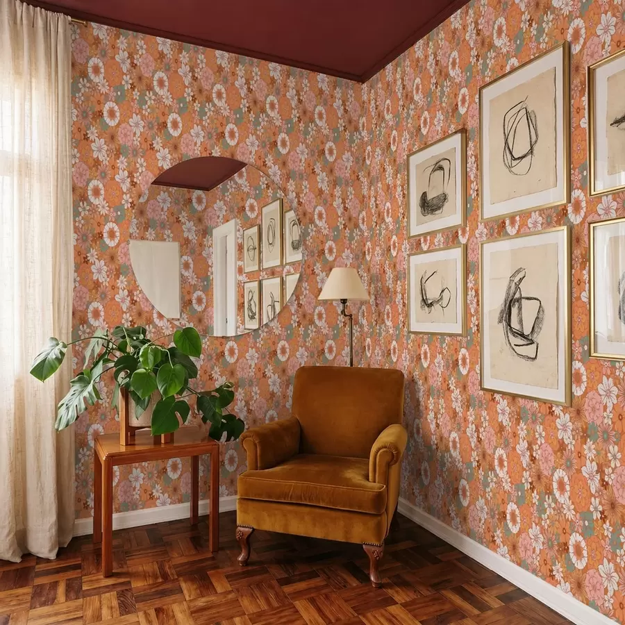 murales de pared Estampado floral llamativo en cálidos tonos anaranjados a01269v1