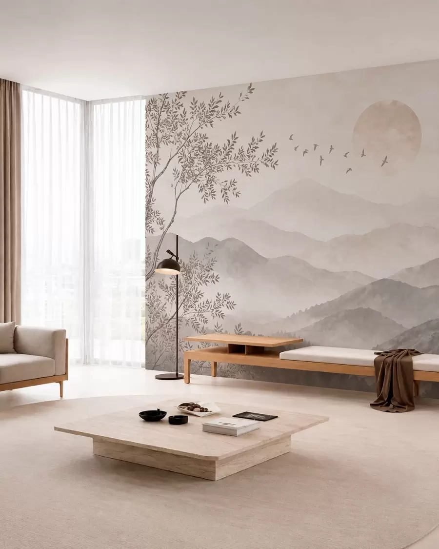 murales de pared Montañas brumosas con un árbol, pájaros y el sol w05924v1