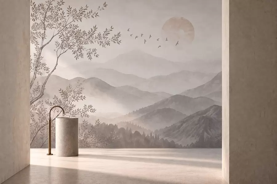 murales de pared Montañas brumosas con un árbol, pájaros y el sol w05924v1