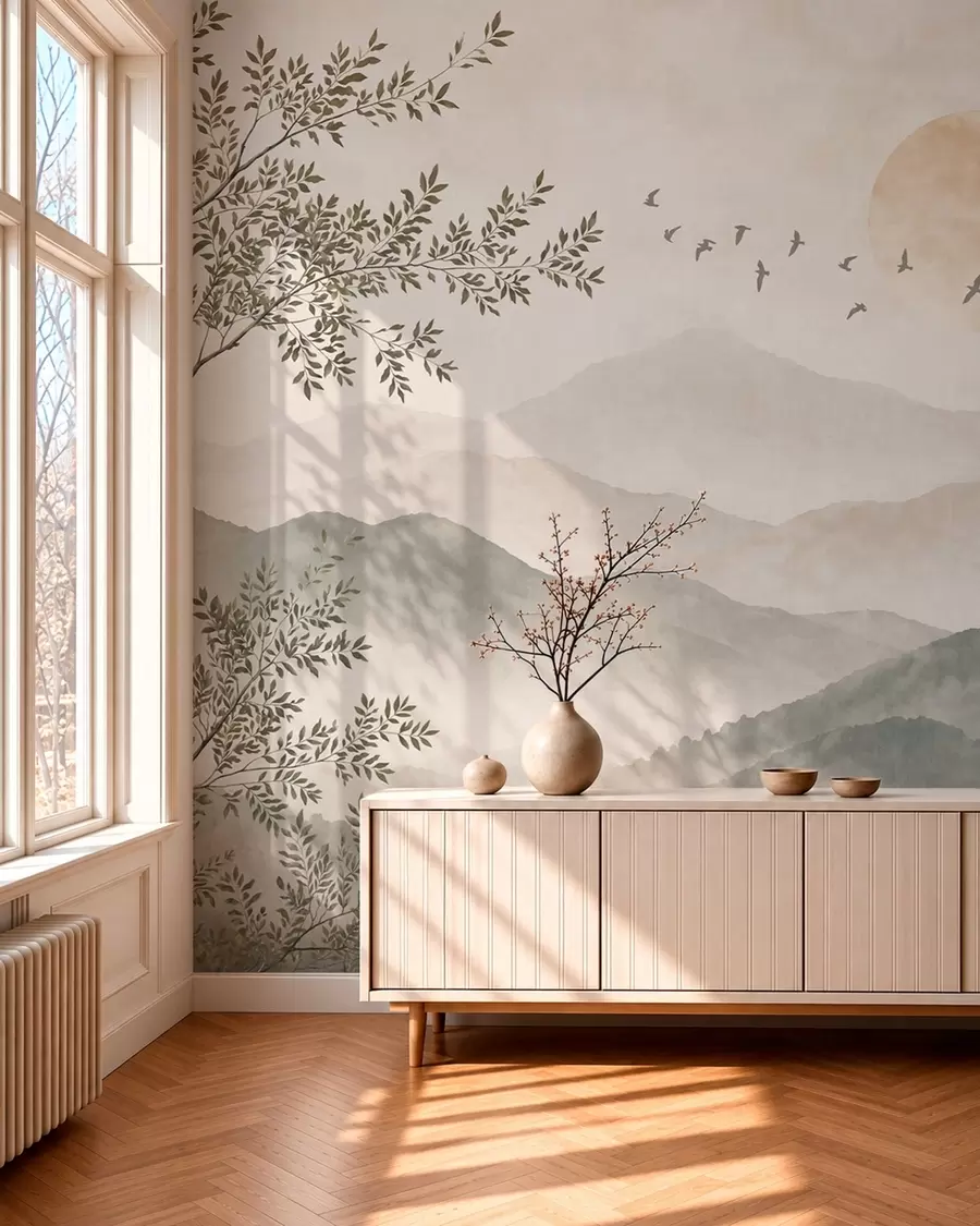 murales de pared Paisaje de montaña con un árbol, pájaros y el sol w05924