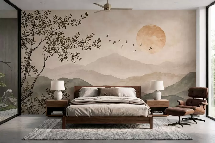 murales de pared Cordilleras con un árbol, pájaros y el sol w05924v3