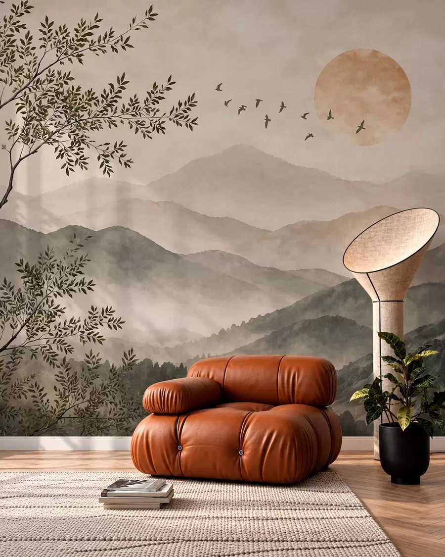 murales de pared Cordilleras con un árbol, pájaros y el sol w05924v3